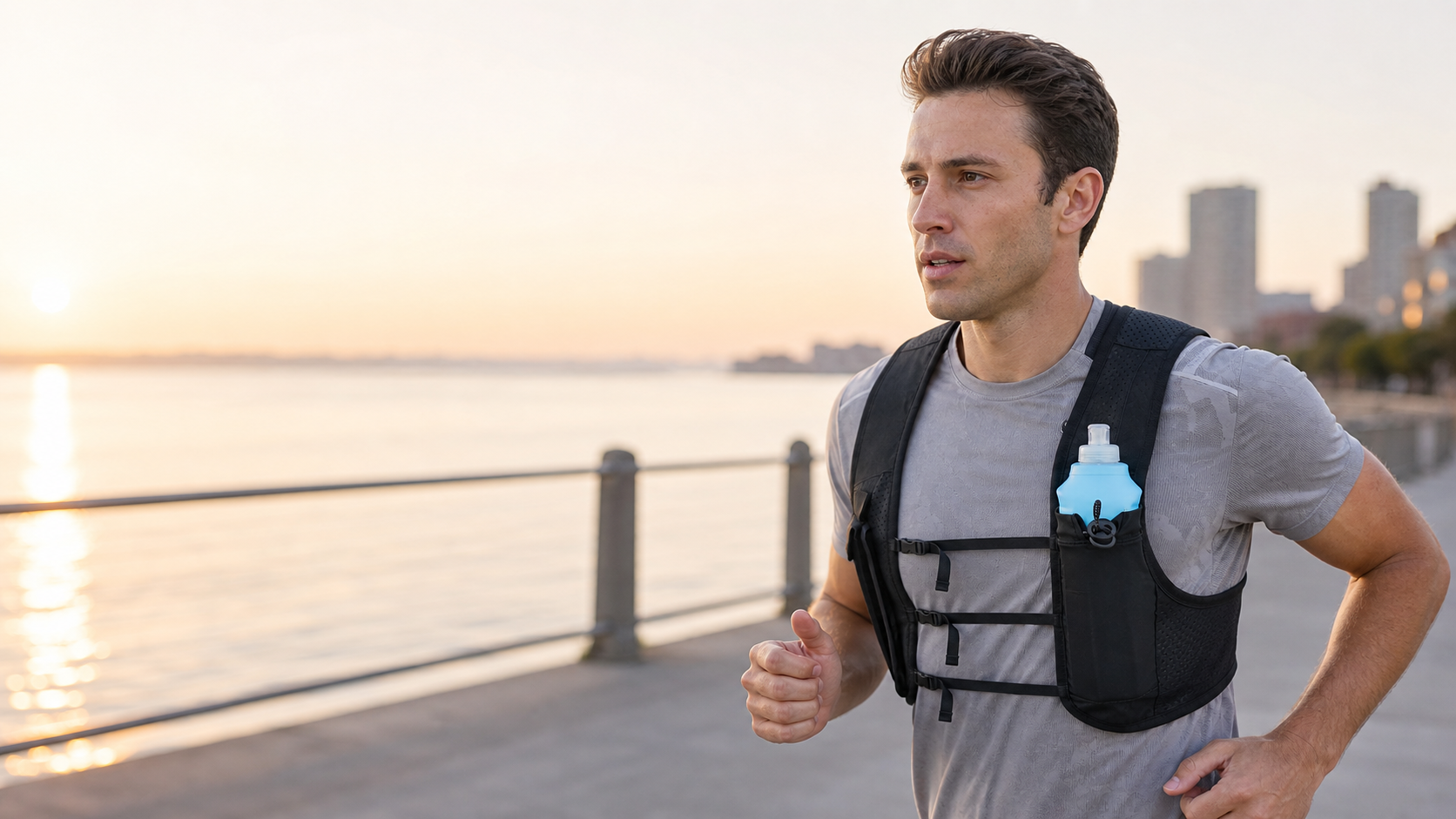 Runner wearing the Basic Bliss Endurance Hydration Vest at sunrise