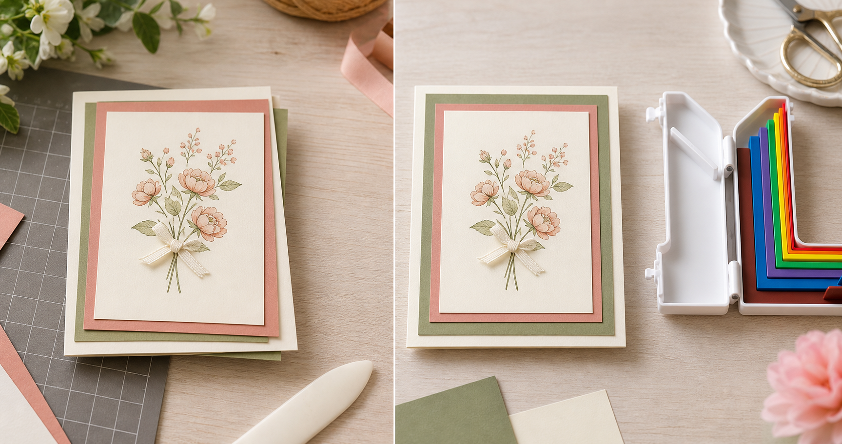 Before and after handmade card alignment comparison